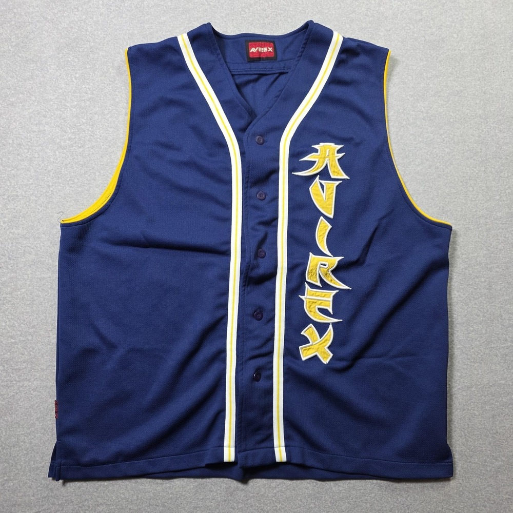 Vintage Avirex Jersey Mens 3XL Baseball Tank Blue Yellow Kanji Logo Mesh Y2K